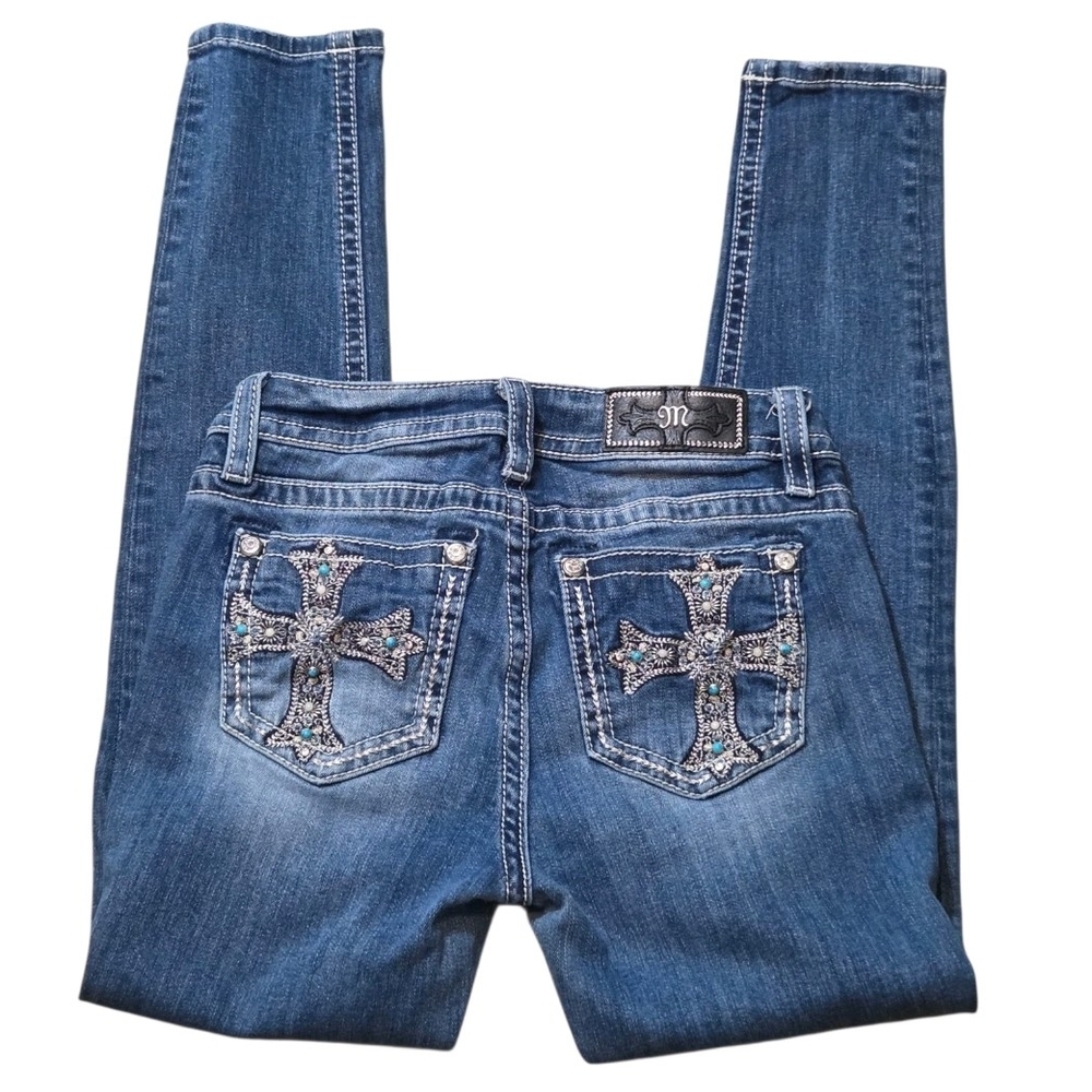 Miss Me Sz 27 Jeans Mid Rise Skinny Turquoise Embellished Cross Pockets